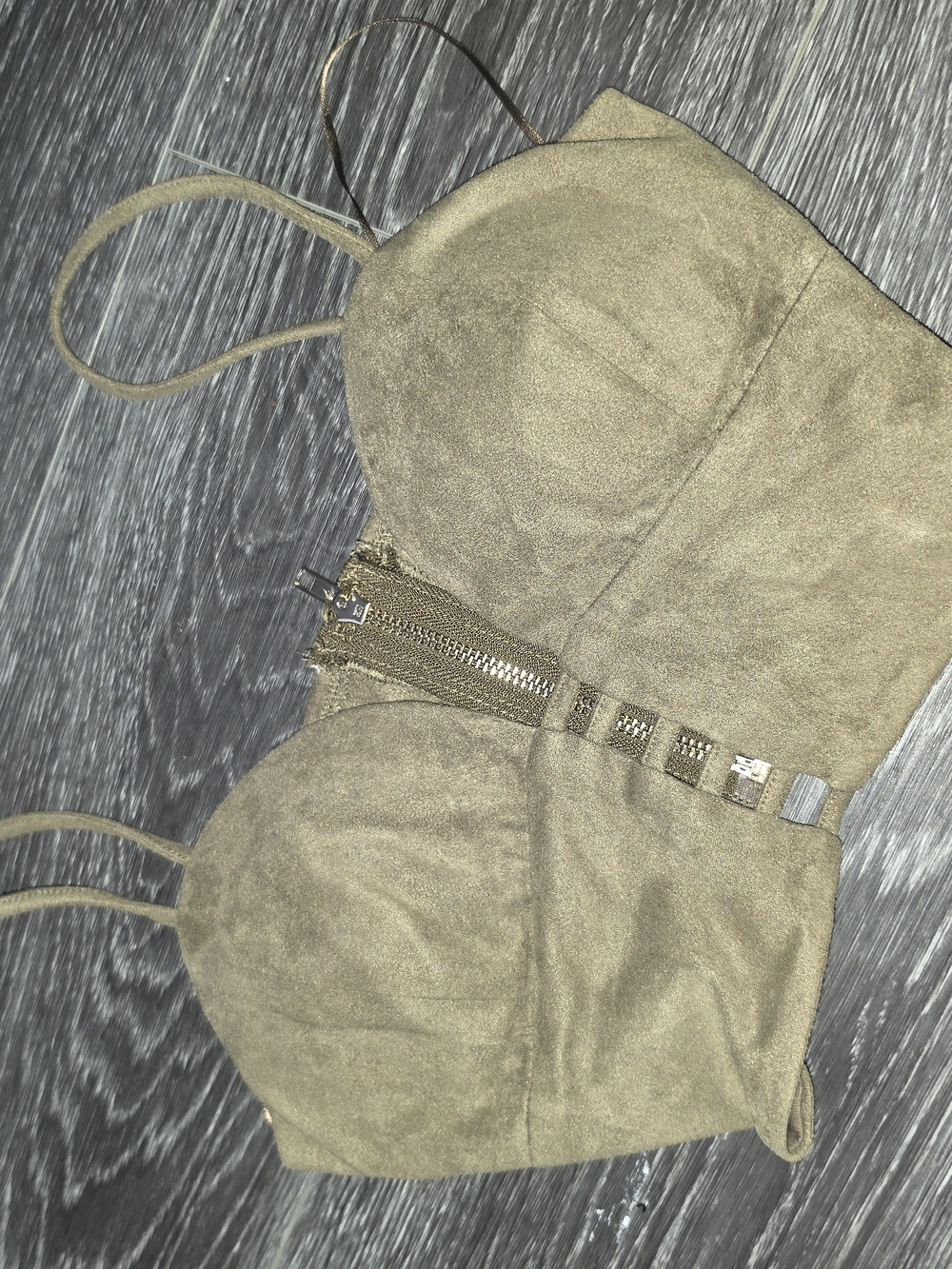 privy Olive Green Faux-Suede Bustier Top with Front Zipper